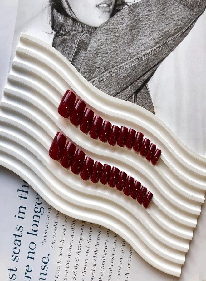 XCREANDO Burgundy Nails Press ons, Press on Nails Medium Square Glue on Nails Short Acrylic Glue on Medium Coffin Nail Gel Fake Nail False for Women, Thick Solid Color 24Pcs - Image 4